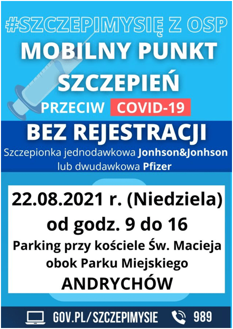W najbliższą niedzielę 22 sierpnia 2021 roku podczas tegorocznych Dni Andrychowa, będzie możliwość zaszczepienia się w mobilnym punkcie szczepień przeciw COVID-19, który usytuowany będzie na parkingu przed kościołem Św. Macieja w Andrychowie (od strony ul. Rynek).