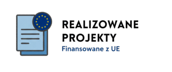 Grafika z ikoną dwóch dokumentów opatrzonych flagą Unii Europejskiej oraz napisem "REALIZOWANE PROJEKTY" i podtytułem "Finansowane z UE".